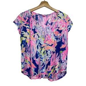 Lilly Pulitzer 100%‎ Linen Top Size S Blue Pink Short Sleeve V-Neck Colorful